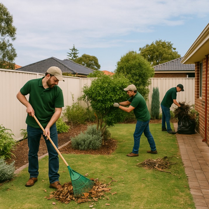 Bond back gardening in Mandurah backyard with team raking, trimming, and clearing rubbish