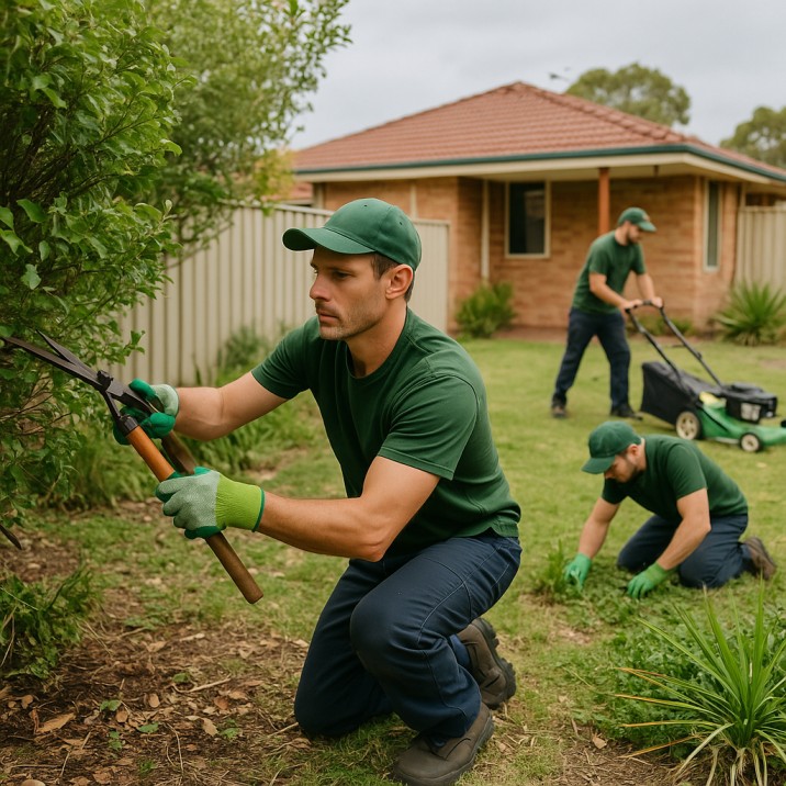 Bond back gardening in Mandurah backyard with team trimming, mowing, and weeding
