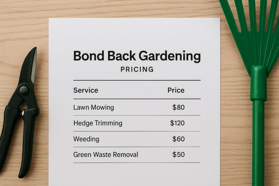 Bond back gardening pricing sheet with tools