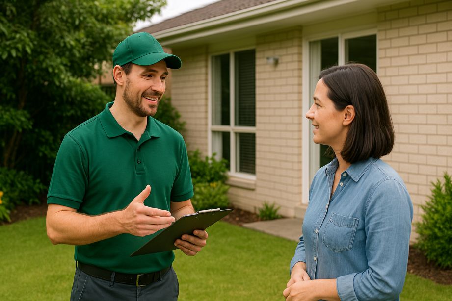 Gardener explaining garden services to tenant during final inspection prep