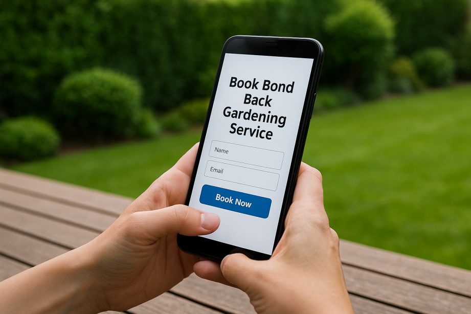 Person booking a bond back gardening service on phone