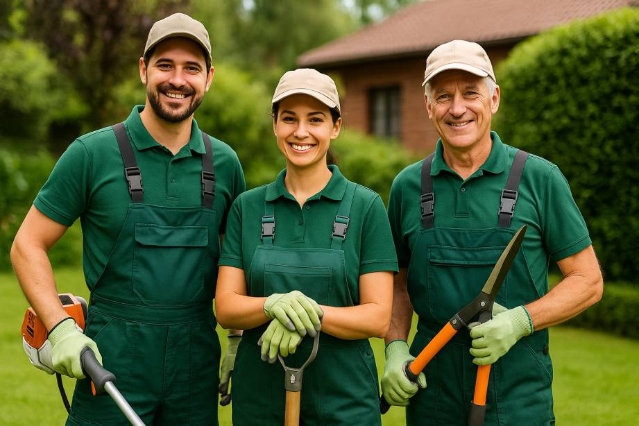 Friendly gardening team with tools for vacate clean-up