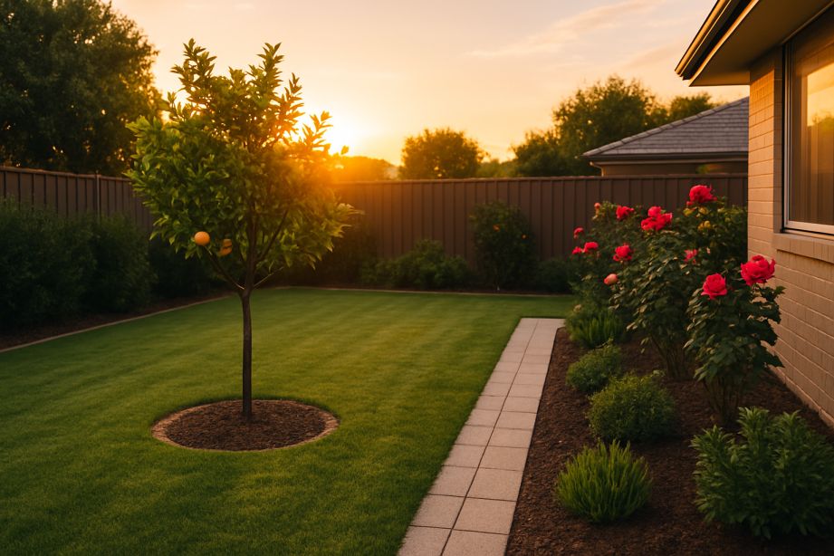 Clean rental garden at sunset after professional bond back service
