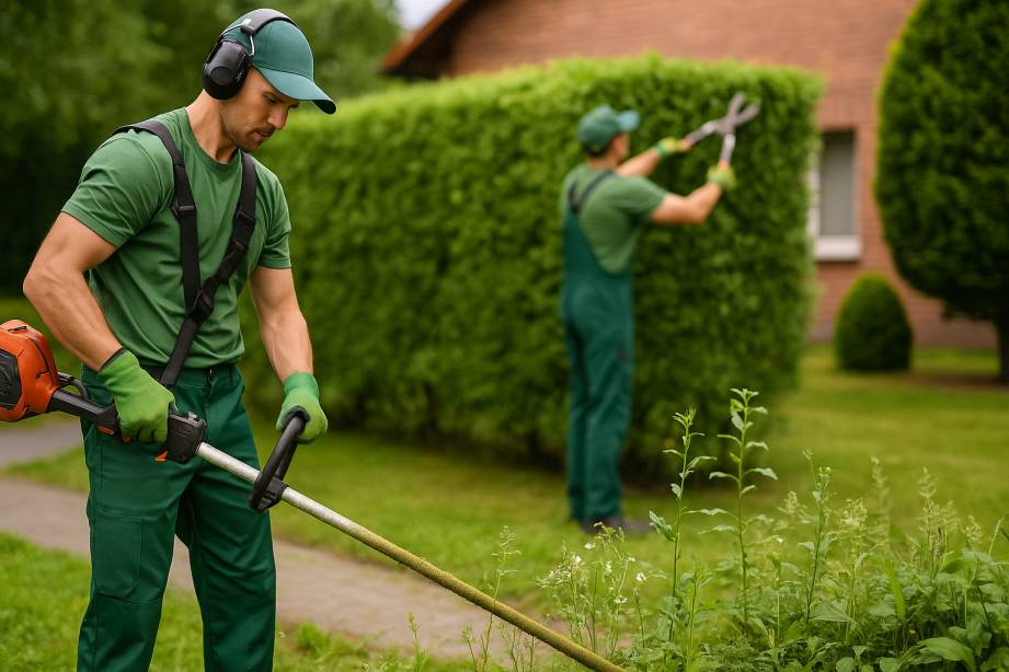 Gardeners clearing weeds and trimming hedges during vacate clean-up