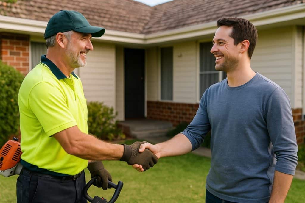 Gardener shaking hands with tenant outside suburban home in Mandurah