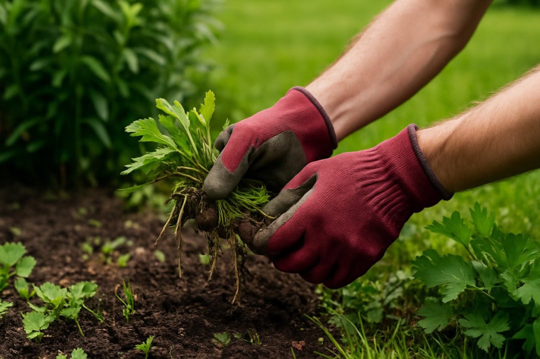 Close-up of gloved hands weeding garden bed in Mandurah