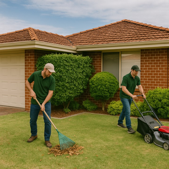 Bond back gardening in Mandurah front yard with raking and lawn mowing