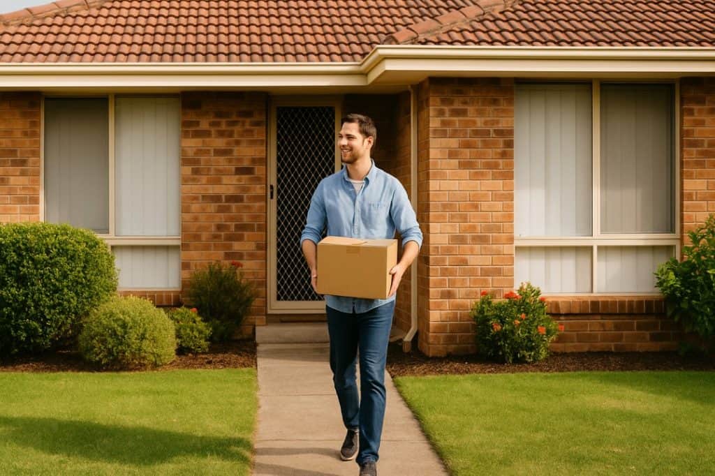 Happy tenant carrying moving box away from clean Mandurah home