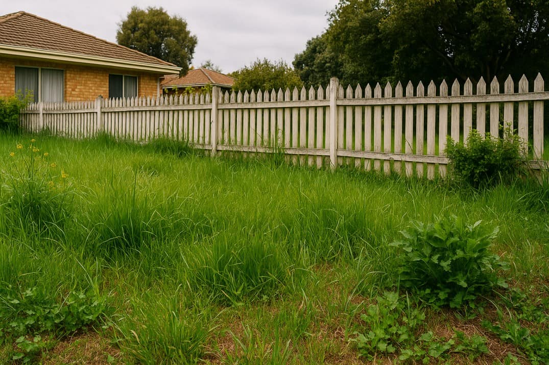 Overgrown backyard in Mandurah with tall grass and white picket fence