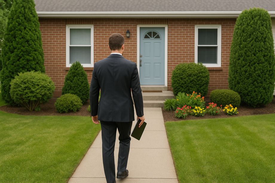 Real estate agent inspecting neat garden at final rental inspection