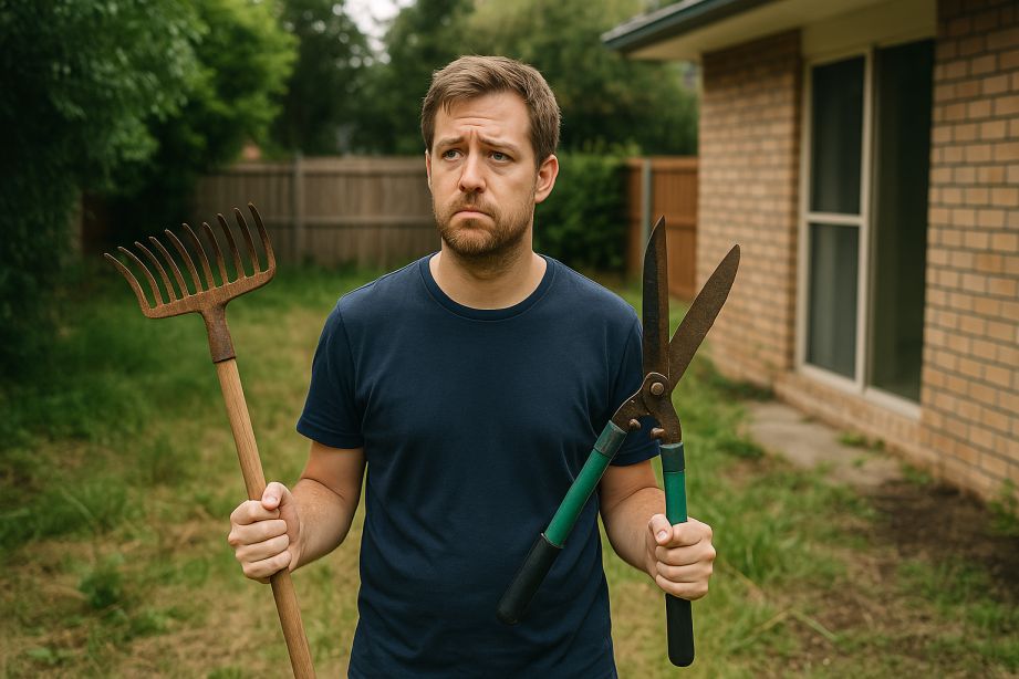 Tired tenant holding tools while deciding whether to hire a gardener